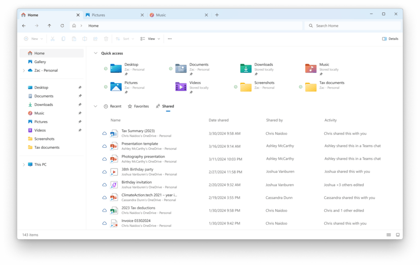Windows 11 Build 27783（Canary）将共享文件添加到主文件夹