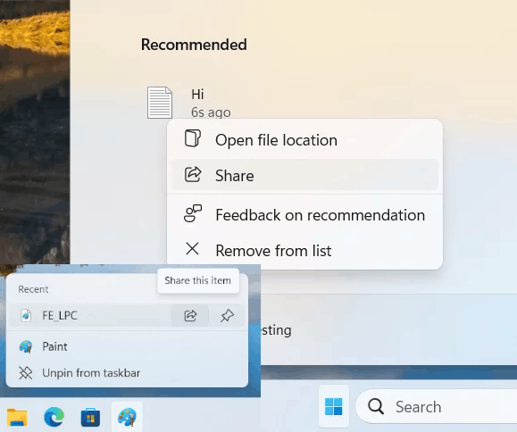 Windows 11 Build 22635.4510（Beta）正式在开始和任务栏中显示“共享”按钮