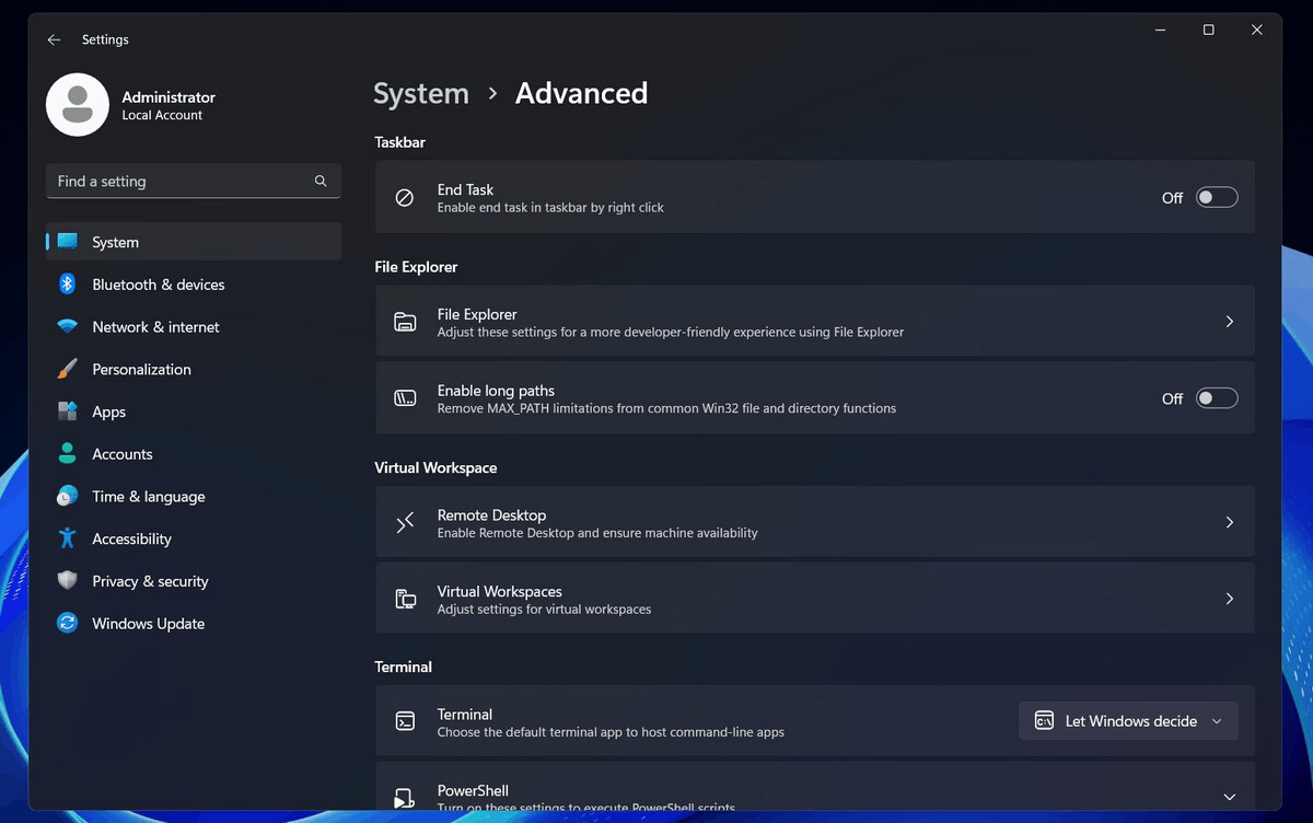 Windows 11在设置应用程序中获得了一个新的高级页面