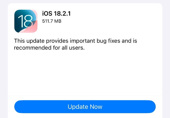 Apple 发布 iOS 18.2.1 和 iPadOS 18.2.1 