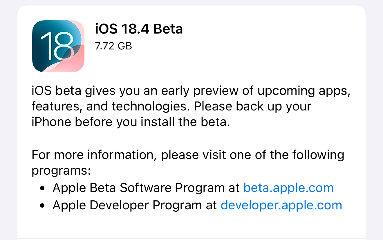 苹果向开发人员发布iOS 18.4 beta 1