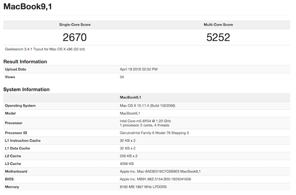 Geekbench分數顯示，2016年初MacBook比2015年型號快15％