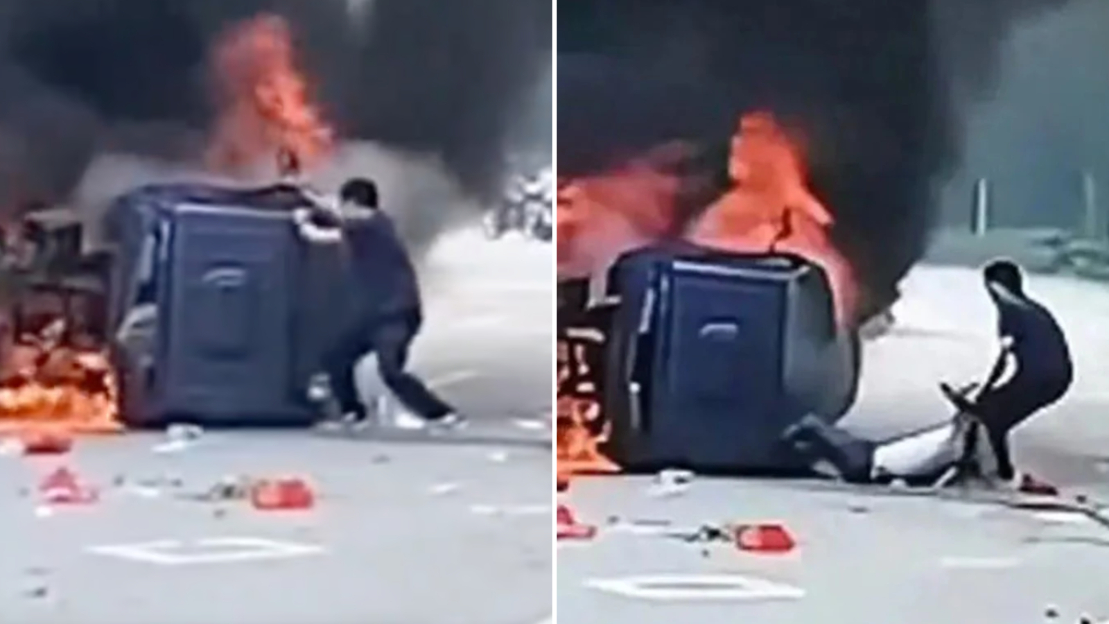 中国男子在爆炸之前就可以节省驾驶员燃烧汽车