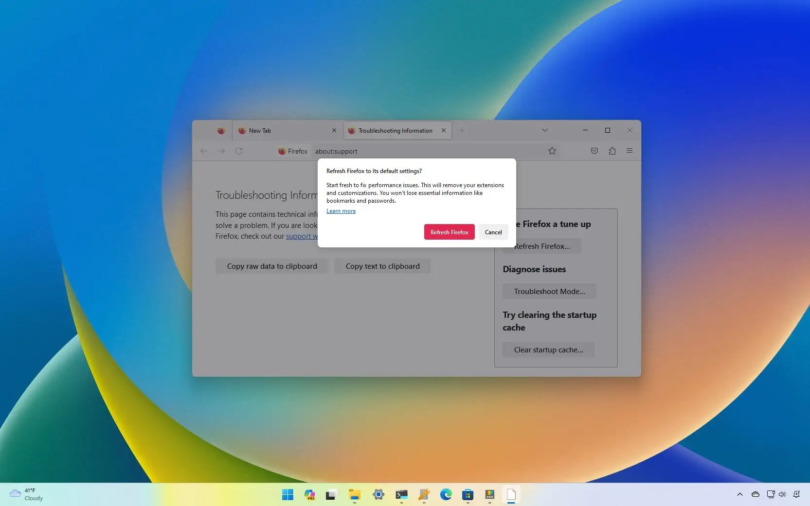 如何在 Windows 11、10 上将 Firefox 重置为默认设置