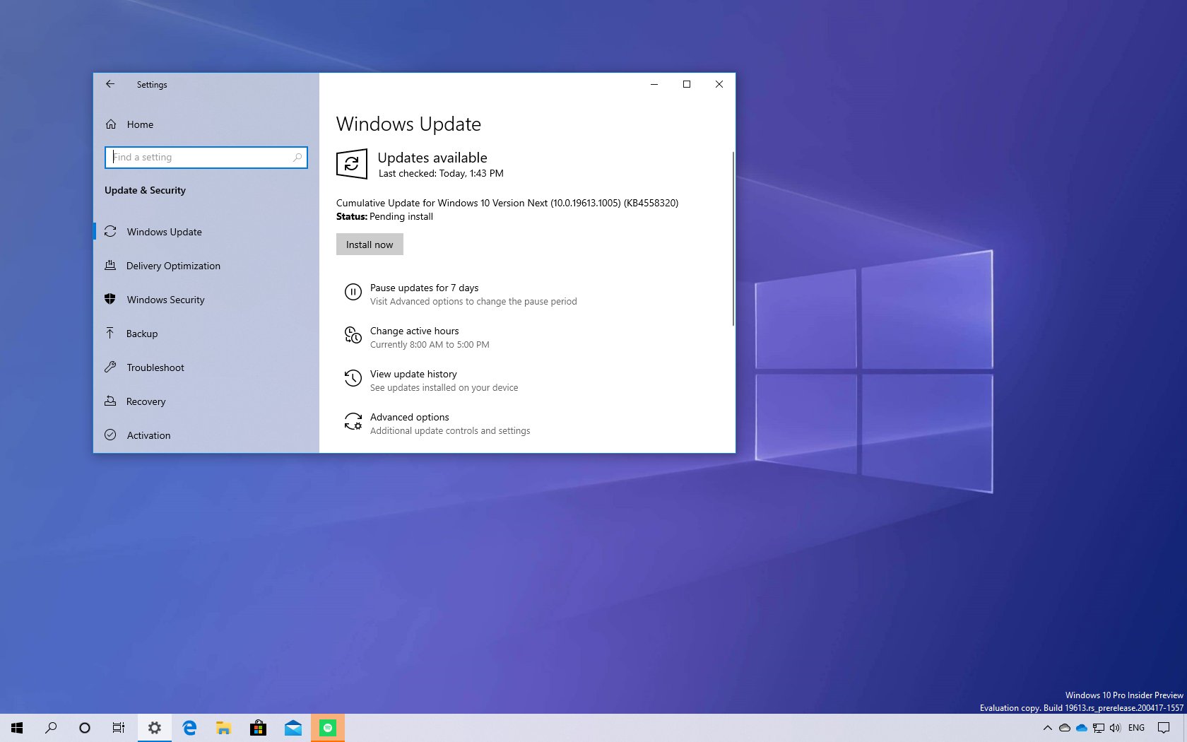 Windows 10 内部版本 19613.1005 在快速环中发布