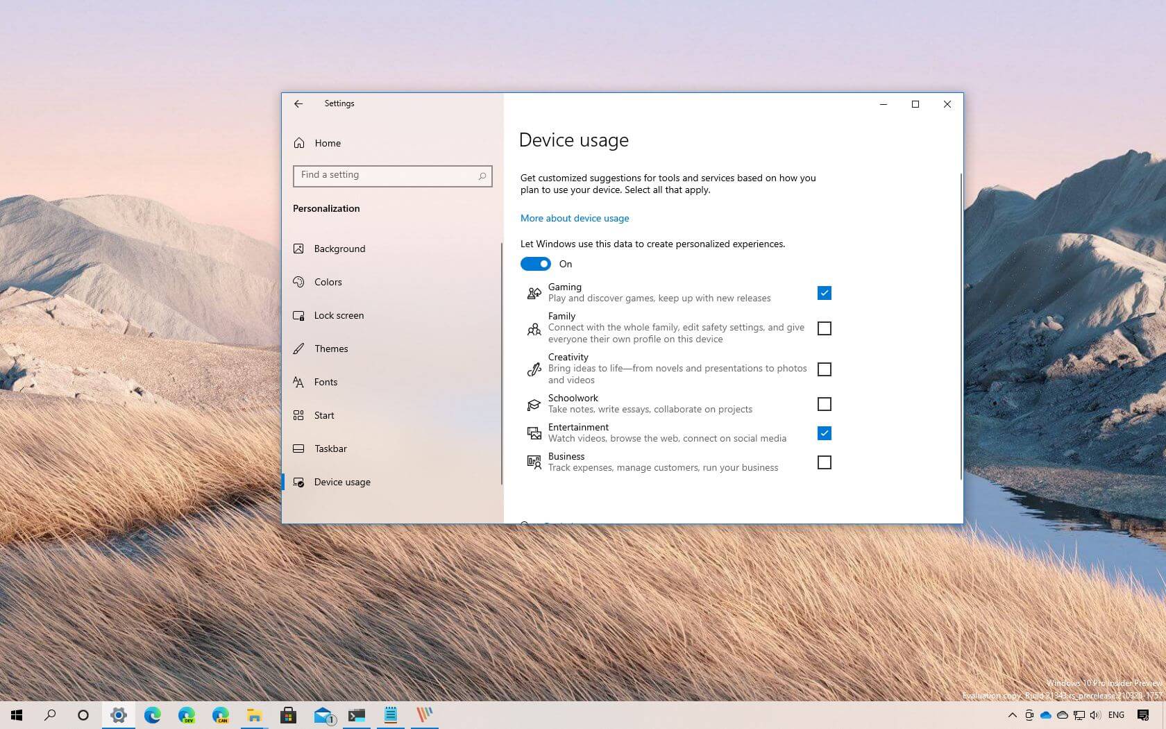 Windows 10 21H2 透過裝置使用設定優化 PC 的特定用途