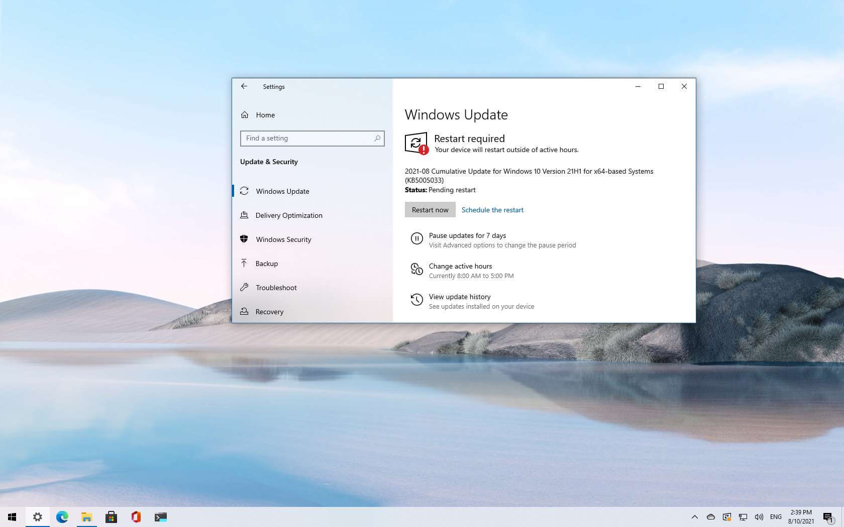 Windows 10 更新 KB5005033 推出版本 21H1、20H2、2004
