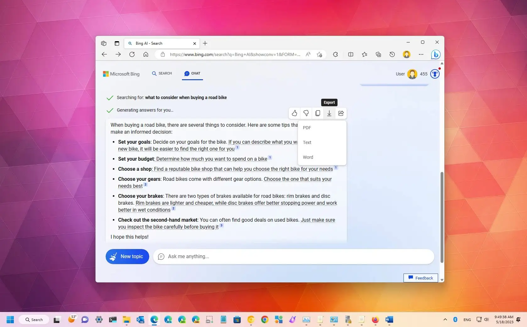 如何從 Bing Chat AI 將回應匯出為 PDF、文字或 Word