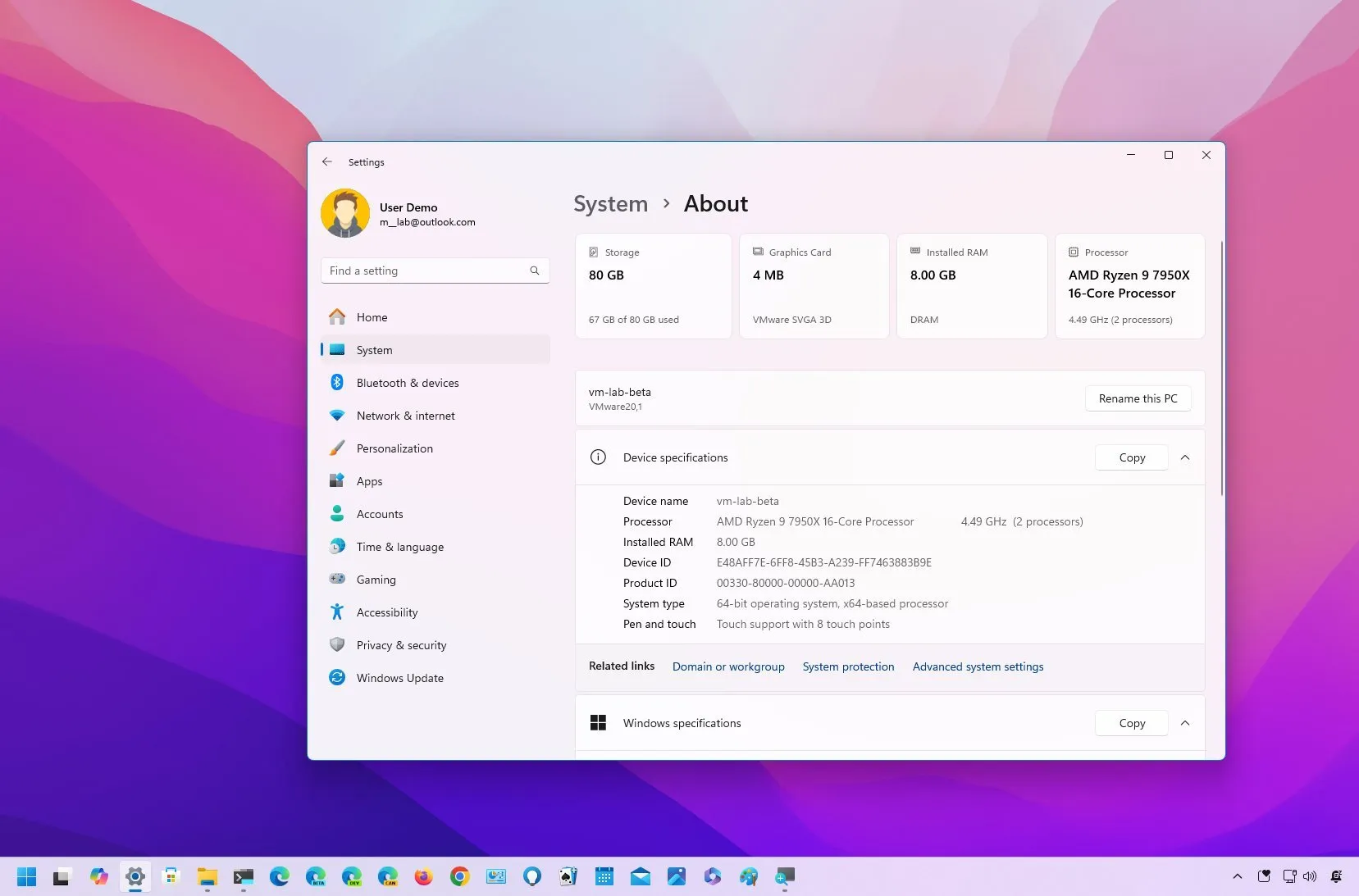 Windows 11 build 22635.4660 更新关于页面，包含卡片视图以了解规格