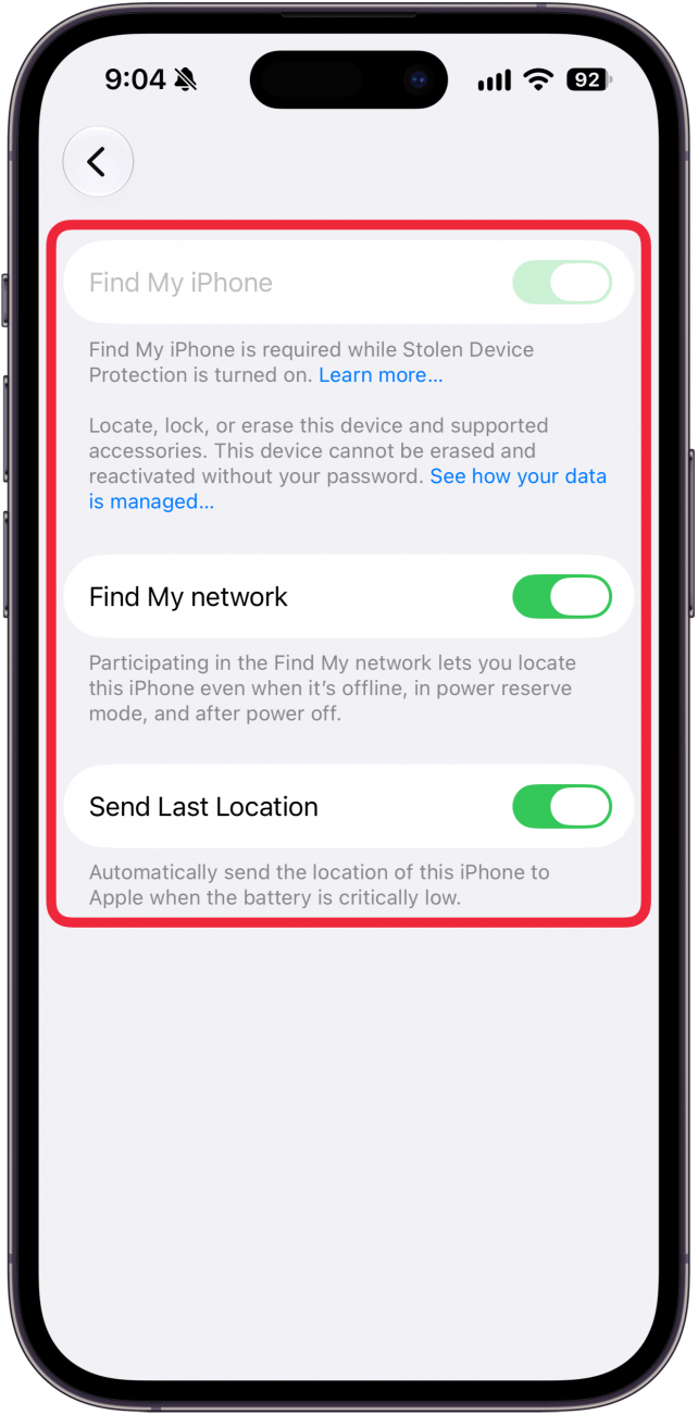 查找我的 iPhone、查找网络、发送最后的位置三个开关
