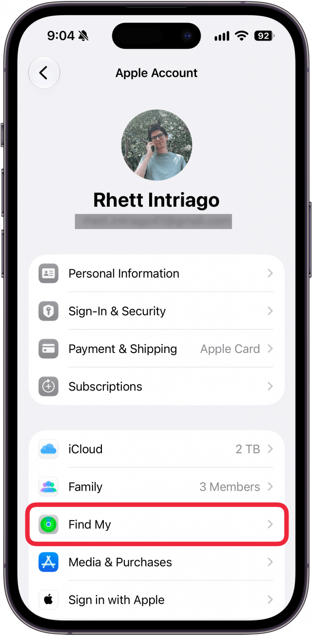 Apple 账号页面中的“查找”入口