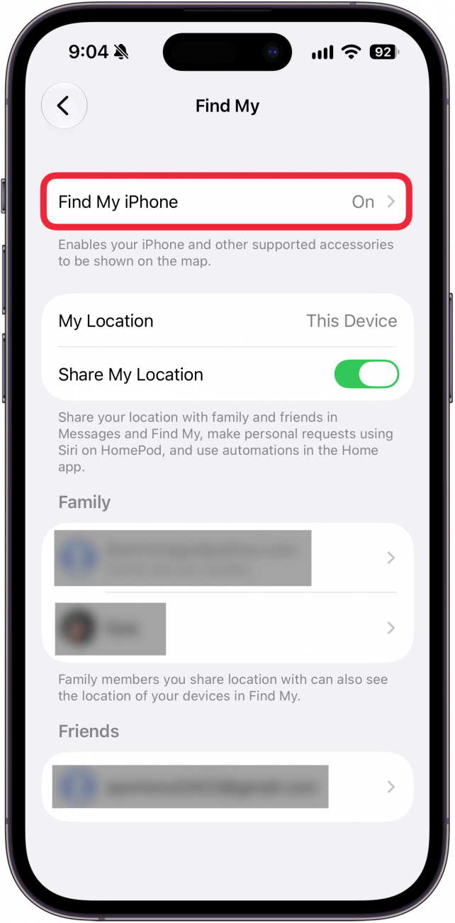 “查找”设置中的“查找我的 iPhone”
