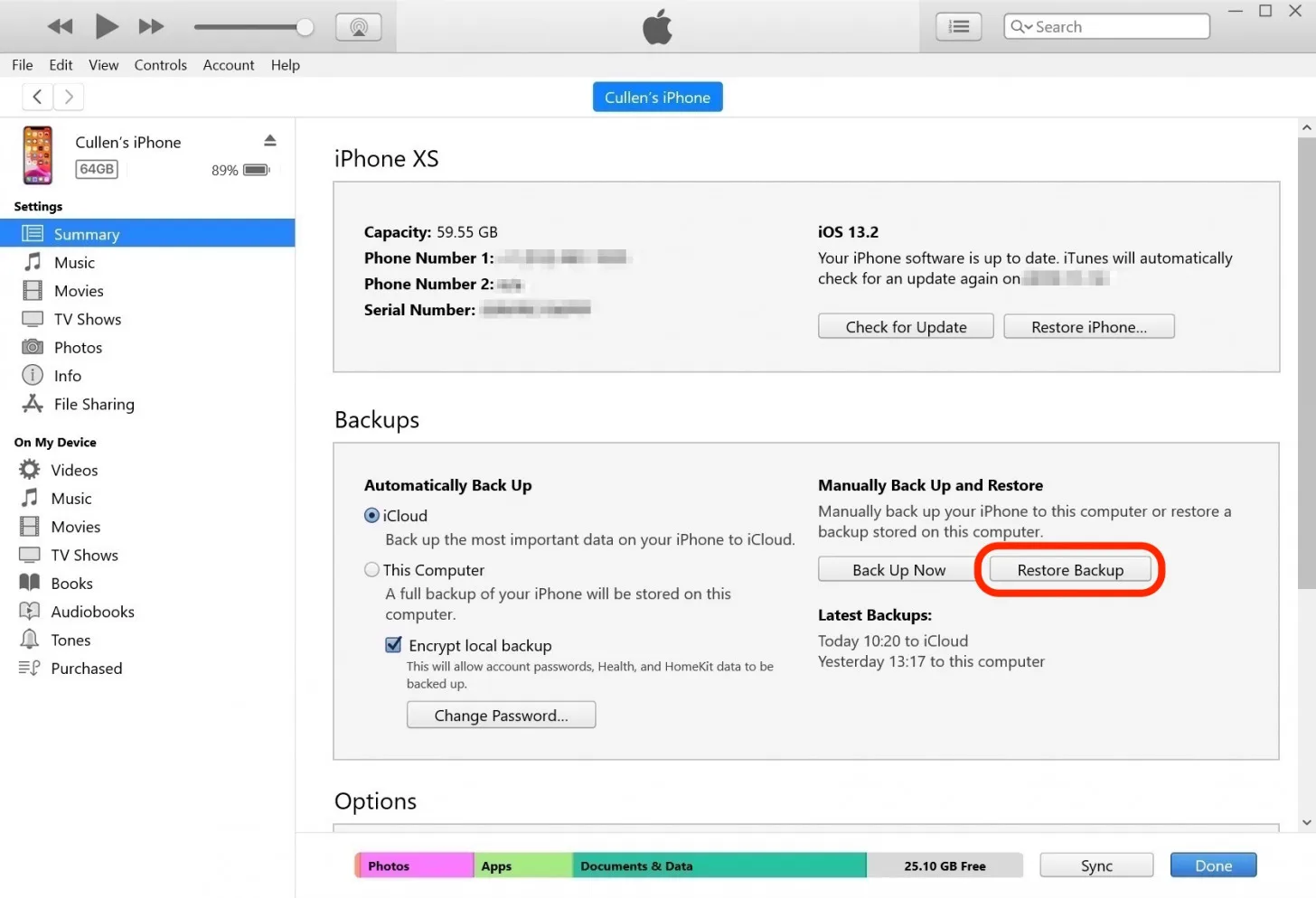 restore iphone backup itunes