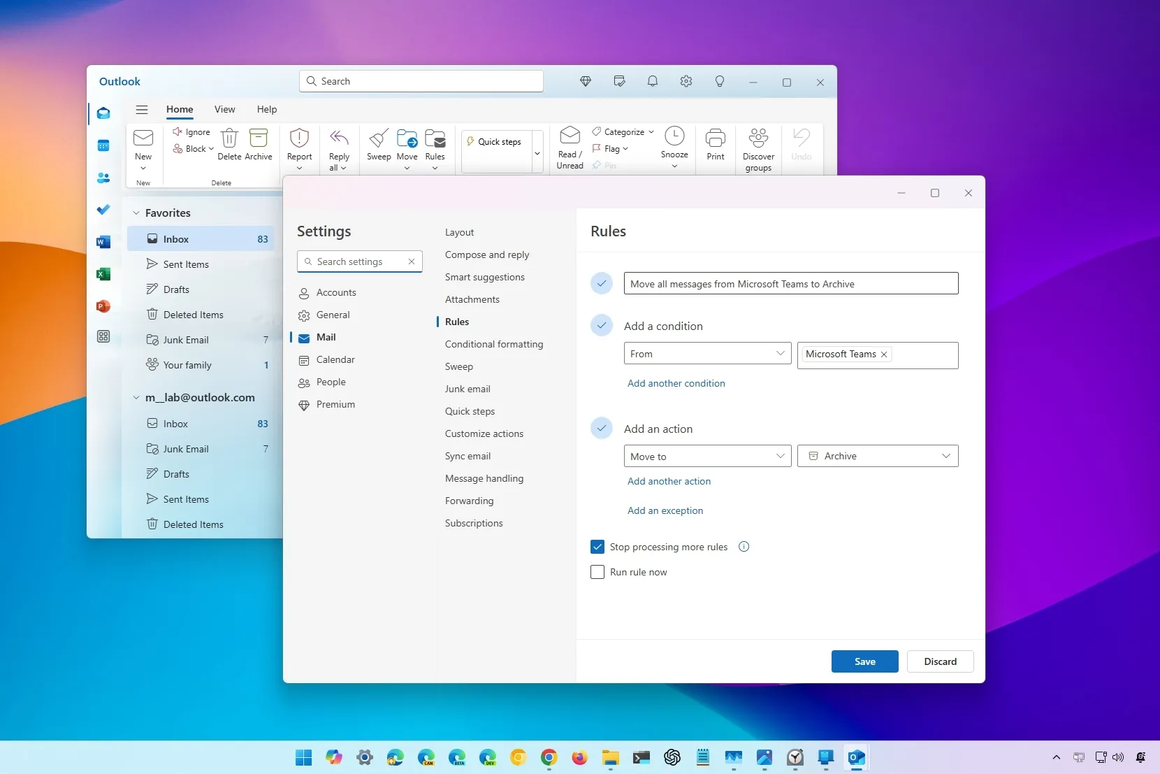 Create email rules in Outlook for Windows 11.